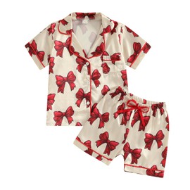 MAINESAKA Toddler Baby Girl Satin Pajamas Bow Print Button Down Silk Shirt And Shorts 2Pcs Pjs Summer Sleep Outfit Loungewear (C-Red, 3-4 Years)