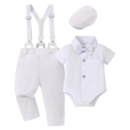 Coco&RARA Baby Boy Clothes Suits White Baby Baptism Christening Outfits, Infant Tuxedo Gentleman Dress Shirt With Bowtie Beret Suspender Pants Outfit Sets (White, 3-6M)