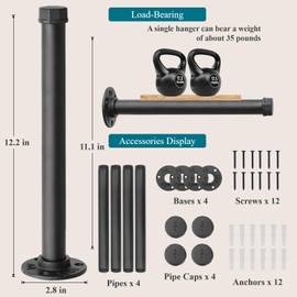 Cast Iron Wall Mounted Clothes Rack, Heavy Duty Industrial Pipe Clothing Rack for Hanging Clothes, Garment Racks for Wardrobe Organizers and Storage, DIY Closet Rods Closet Bar (Black 4 Pack, 12 in)