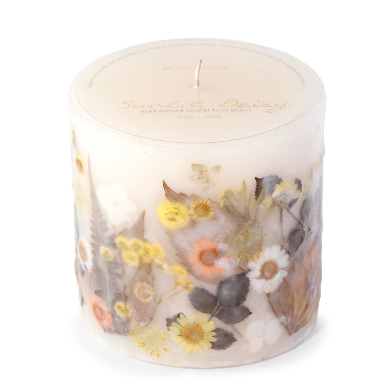 ANDALUCA Pressed Real Flowers Handcrafted Botanical Floral Pillar Candle (Sunlit