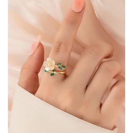 IMINI Green Leaf Flower Wrap Finger Ring for Women Girls 14K Gold Plated CZ Crystal Cherry Blossoms Flower Open Statement Rings Wedding Band Engagement Rings Adjustable Jewelry Gifts Birthday