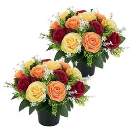 CECOMBINE 2 PCS Artificial Flowers for Graves, Red Yellow Orange Roses Memorial Arrangement, 25cm Silk Memorial Grave Flowers with Pots, Weatherproof Funeral Arrangements for Outdoor Graveside
