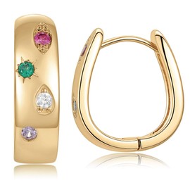 Multi-Stone Chunky Huggie Earrings for Women | Multi-Colored Cubic Zirconia Statement Hoop Earrings Studded CZ Jewelry