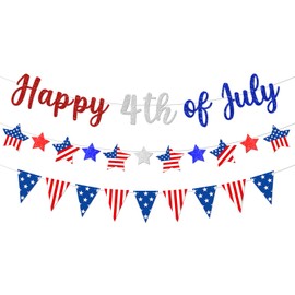 Happy 4th of July Patriotic Banner Garland, Pre-Strung Cardboard Stars and Pennants, Red White Blue USA Flag Stars and Stripes for Independence Day, Memorial Day, American Themed Party Decorations