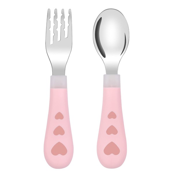 Vicloon Baby Fork and Spoon Set, 2PCS Cutlery Set for Children, Stainless Steel Baby Short Handle Training Tableware Ergonomically Designed to Promote Self-Feeding in The Right Way(Transparent Love)