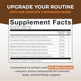 SACRED 7 polvo de extracto de hongos  USDA Organic  Man de len, Reishi, Cordyceps, Maitake, Shiitake, Cola de Turqua, Chaga  226 g  Suplemento  Aadir 