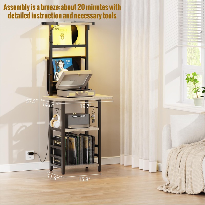 YAKANJ Record Player Stand with Led Light,Record Player Table with