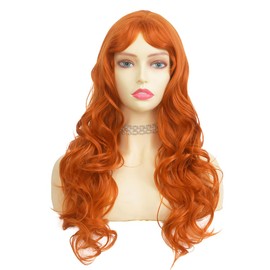 Tseses Orange Curly Long Wigs for Women with Bangs Natural Shag Wavy Fluffy Wig Synthetic Ginger Hair Wig for Cosplay Daily Use