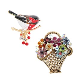 Opexicos 2Pcs Creative Design Multicolor Bird Brooch Pins Enamel Animal Hummingbird Brooches and Colors Rhinestone Flower Basket Brooch Vintage