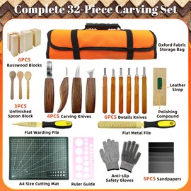 SNAIL GARDEN 32PCS Wood Carving Kit for Beginners with Metal Files & 3 Material Spoons, Premium Wood Carving Tools Set in Oxford Fabric Storage Bag with Basswood Blocks, Woodworking Gift for Adults