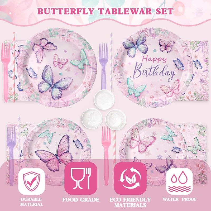 301 PCS Butterfly Plates and Napkins, Birthday Decorations, Party Supplies