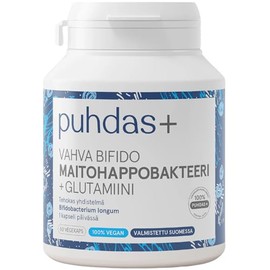 puhdas+ Strong Bifido Lactic Acid Bacteria + Glutamine [60 Vegan Capsules] High Dose Complex of Probiotics, Natural Vegan Complex, Made in Finland