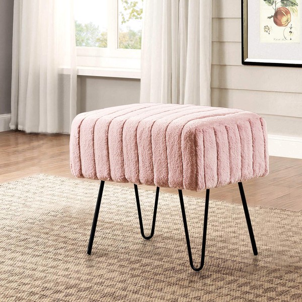 Home Soft Things Super Mink Faux Fur Pink Ottoman Bench, 19" x 13" x 17", Rose Smoke, Living Room Foot Rest Stool Entryway Makeup Bench End of Bed Bedroom Home Decor Chair for Sitting