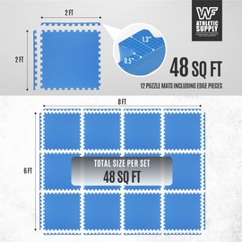 WF Athletic Supply 48 SQ.FT T-Pattern 1-Inch Thickness Interlocking Exercise Foam Mats, Extra Thick Eva Foam Flooring Tiles, Gym Fitness Equipment Mat, Home Protective Flooring Cushion, Blue