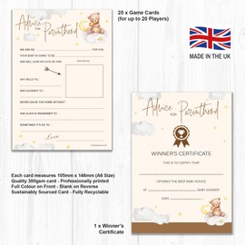 20 x Unisex Baby Advice Cards for Parenthood - Baby Shower Game – Neutral Teddy Bear Design with Winner Certificate - Made in The UK