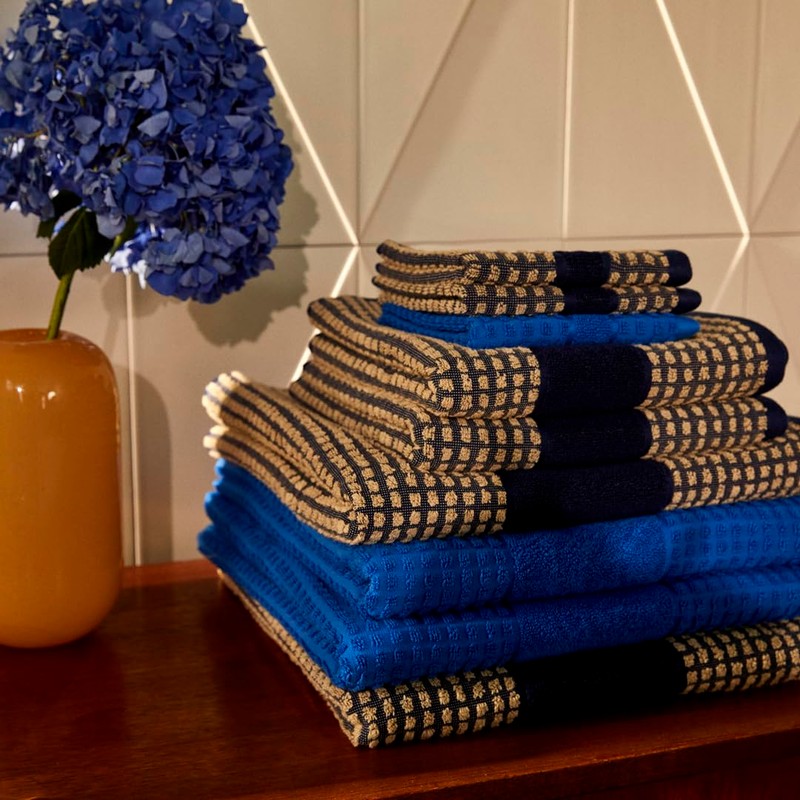 Juna Check Series Washcloth, Dark Blue/Sand, Height 12" Width: 12"