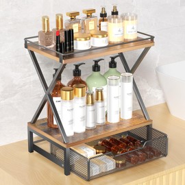2 Tier Bathroom Counter Organizer with Drawer, Wood Vanity Bathroom Organizers and Storage for Perfume Skincare, Rustic Organizer Countertop Shelf for Bathroom Bedroom Kitchen Storage