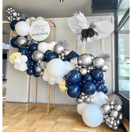 55pcs Navy Blue Silver and White Party Balloons Set, 12 Inch Dark Blue Metallic Silver White and Silver Confetti Latex Balloons with Ribbons for Boys or Men's Birthday Party Grad Baby Shower Decor