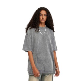 Unisex Short Sleeves Retro Vintage Style T-Shirt Casual Loose Wash Solid Basic Tee Tops Grey