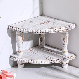 Kigley 2 Tiered Corner Riser for Kitchen Counter Wood Beaded Corner Shelf White Wash Countertop Bathroom Counter Organizer Rustic Decorative Pedestal Stand with Removable Feet for Kitchen Coffee Bar