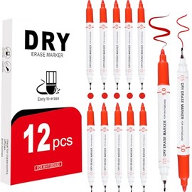 EFNHJF5 Pack of 12 Whiteboard Markers, Whiteboard Markers, Thin 0.5 mm, Dual Tip Whiteboard Pens, Red, Wipe Clean for School, Office and Home (Red)