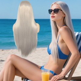 BLUPLE Silver Blonde Lace Front Wigs Long Straight Half Hand Tied Wig for Women Grey Heat Resistant Synthetic Hair 22 Inches