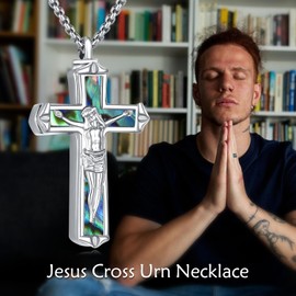 POPLYKE 925 Sterling Silver Crucifix Urn Necklace for Ashes Women Jesus Cross Cremation Jewelry Abalone Ashes Necklace 20 22inch