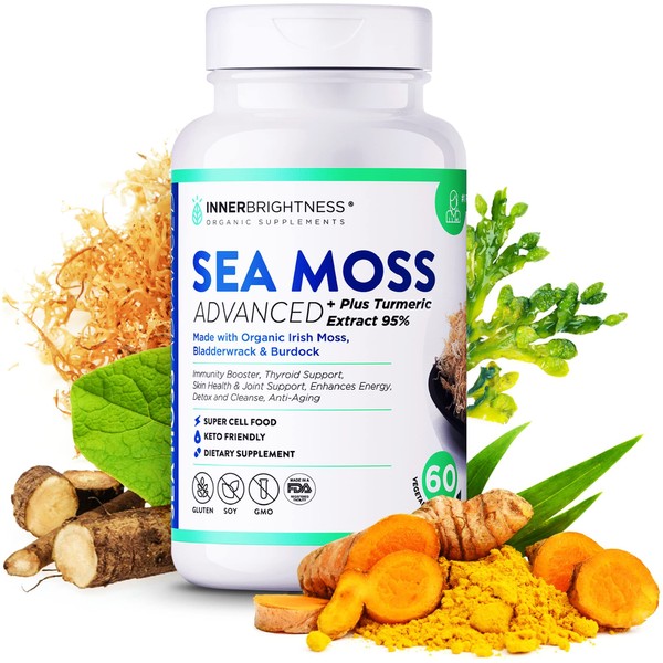 Inner Brightness 1500mg Organic Irish Sea Moss Capsules Max Absorption + 95% Turmeric Curcumin with Bladderwrack and Burdock Root, Vegan Keto Raw Non-GMO Cell Food, Immune Support 60 Pills