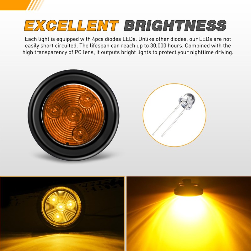GOOACC 2Inch Round Side Marker Light 5PCS Amber 4LED Front