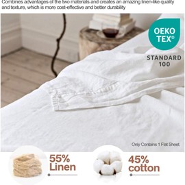 BISELINA Linen Sheet French Flax Flat Sheet Only 55% Euro Linen 45% Cotton Basic Style Solid Color Soft Breathable Farmhouse Top Sheet 1-Piece (Queen, White)