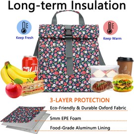 GYEUKHAM Insulated Lunch Bag for Men/Women/Kids, Roll top Reusable Lunch Box with Adjustable Shoulder Strap, Thermal Lunch Cooler Tote Container for Adults/Teens School Work Office Picnic,Floral