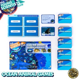 Young Scientist Ocean Animal Card Games - 4 in 1 Matching, Bingo, Memory, Trivia, Hands-On Educational STEM Fun for Age 5 and Up, Blue
