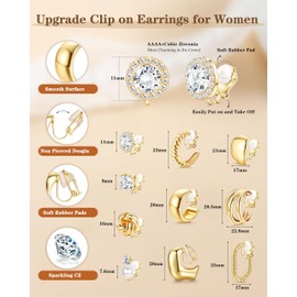MILACOLATO 10 Pairs Clip On Earrings for Women Non Pierced Ears CZ Pearl Knot Twist Chunky Hoop and Studs Earring Set Ear Clips Jewelry Gold Tone