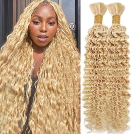Human Braiding Hair for Boho Braids 100g 18 Inch 613 Blonde Brown Curly Boho Hair for Braiding Knotless 12A Deep Wave Bulk Bohemian 2 Bundles/Pack Color 613