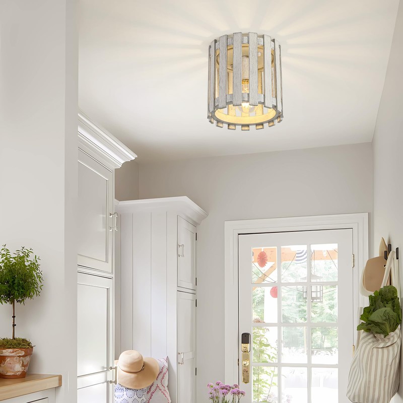 Rustic Flush Mount Ceiling Light, Farmhouse Wood Cage Semi Flush