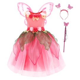 Axaxa Fairy Costume for Girls Fairy Dress Toddlers Princess Fairy Costume Set with Butterfly Wings Headband Wand Pink