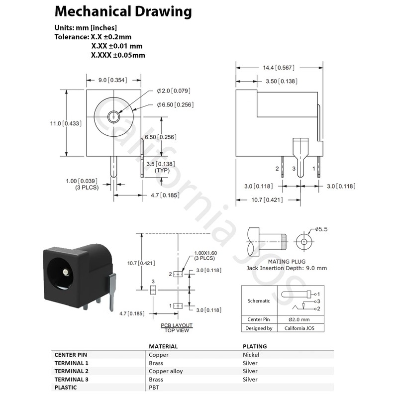 California JOS Breadboard-Friendly 2.1mm PCB Mounting Female DC Power Barrel