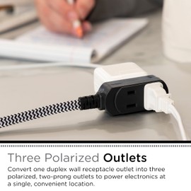 Cordinate Designer 3-Outlet Extension Cord, 2 Prong Power Strip, Extra Long 8 Ft Cable with Flat Plug, Braided Chevron Fabric Cord, Slide-to-Lock Safety Outlets, Black/White, 39984