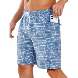 NORTHYARD Men's 9" Board Shorts with 4 Pockets Swim Trunks Swimwear for Men Bathing Suit - No Mesh Liner Blue Whitelines S