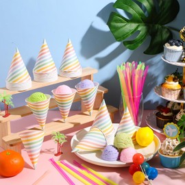 Boao 100 Pieces Snow Cone Cups 4.5 OZ Leakproof Matching 100 Pieces Spoon Straws for Snow Cone Syrups Slush Shaved Ice Cream Sorbet Water(Multicolor,Macaron Stripe)