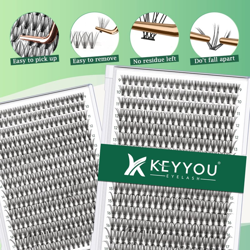KEYYOU Eyelash Extensions, 300 Pieces, Cluster Lashes, 20D D Curl,