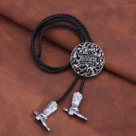 HUABOLA CALYN Western Bolo Tie for Men,Rodeo Vintage Cowboy Western Saddle Design with Cowboy Boots Bolo Tie,Native American Leather Necktie Necklace Costume Accessories for Men Women（Silver