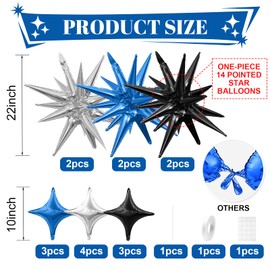 Black Blue Silver Star Balloons,Explosion Star Balloons Kit with 6Pcs 22Inch Cone Star Foil Balloons and 10Pcs 10Inch Four Pointed Star Balloons for Birthday Anniversary Disco Party Decorations