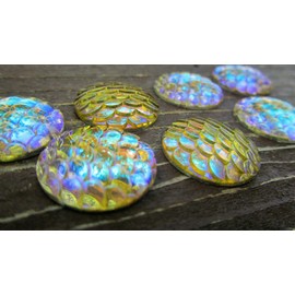 Unbranded 10 pcs Mermaid Fish Scales Resin Carved Embellishment Cabochons Yellow AB 14mm