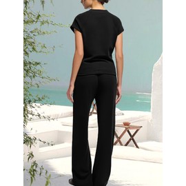 SuperPrity Womens 2 Piece Lounge Sets Summer Travel Sweat Outfits Vacation Tracksuit Short Sleeve Wide Leg Airport Loungewear Black Medium