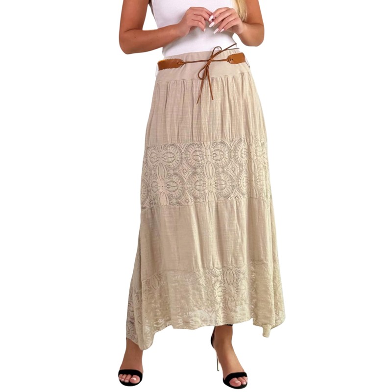 Mississhop Long Cotton Skirt with Lace & Belt, beige, Unit