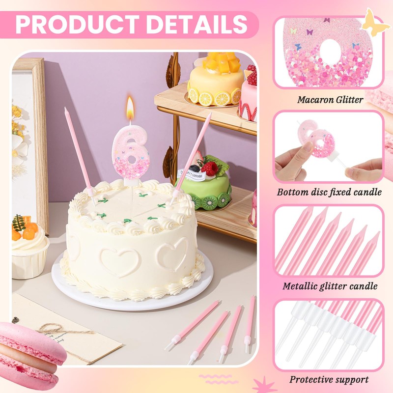 MTLEE Number 6 Birthday Candle with 12 Pcs Spiral Candles