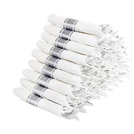 60 Pack Pre Rolled Silver Plastic Silverware, Disposable Wrapped Cutlery with Napkin, Dinnerware Set Include 60 Forks, 60 Knives, 60 Spoons and 60 Napkins, Heavy Duty Utensils for Party and Wedding