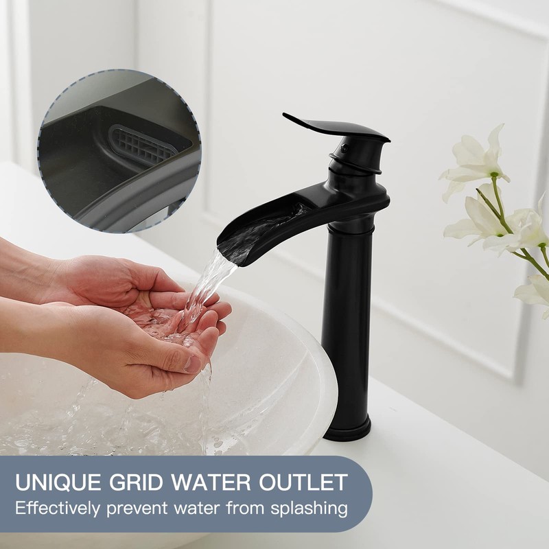BWE Vessel Sink Faucet Waterfall Matte Black Bathroom Faucets Single