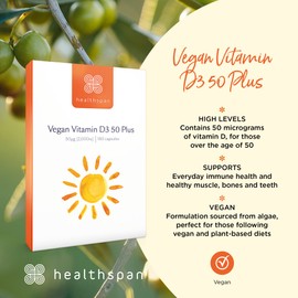 Healthspan Vegan Vitamin D3 50 Plus | 180 Capsules | 50 Micrograms of Vitamin D | Healthy Muscle, Bones & Teeth | Immune Support